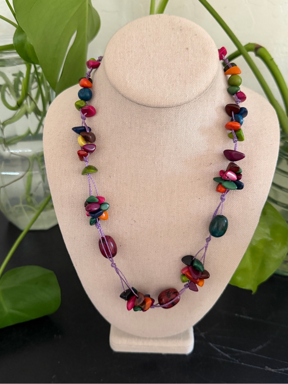 Vintage Multicolor Gemstone Chip & Wood Beaded Necklace
